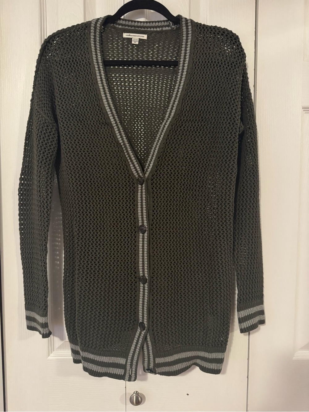 American Eagle Outfitters Olive Open-Weave V-Neck Cotton Button Cardigan